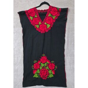 Black Embroidered Floral Huipil Caftan Tunic Dress Mexican Folk Artisan Boho